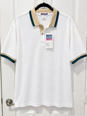 NWT BOAST Polo Shirt Men L White Tan Tartan Green 100% Cotton Golf Tennis